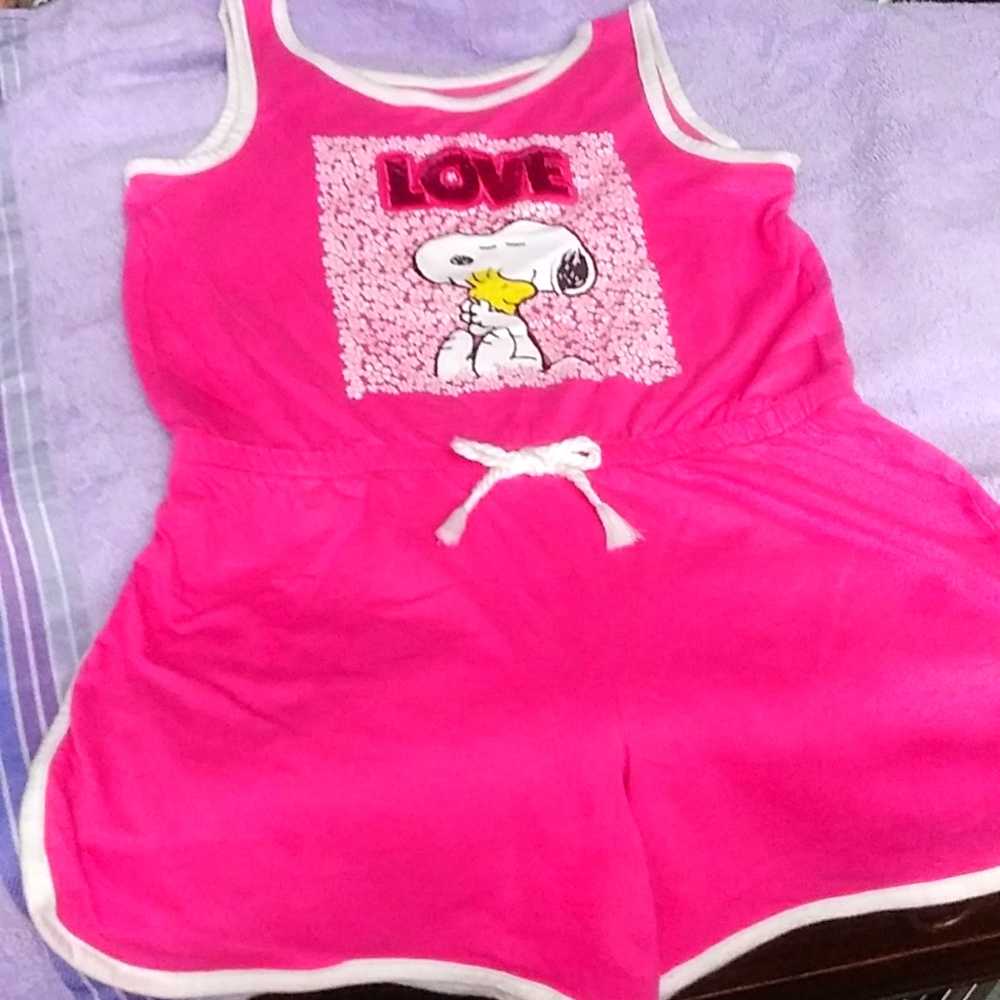 A onesie Snoopy short set.